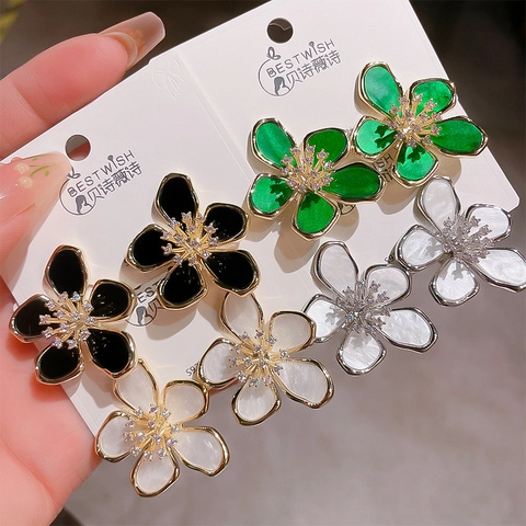 Floral Stud Earrings With 925 Sterling Silver Earring Post Copper Zircon Enamel Elegant Korean Style Jewelry For Women