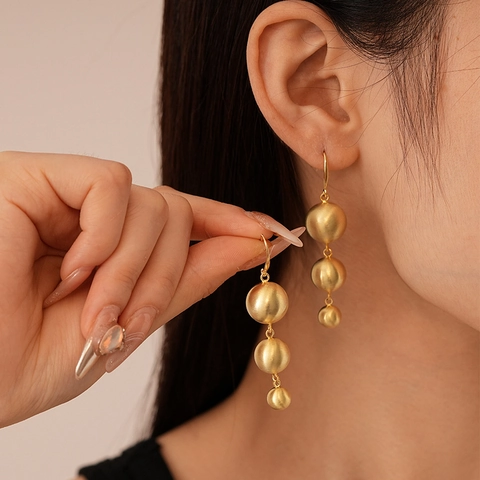 Orecchini Pendenti Rame Placcato Oro Vero Opaco Spazzolato Tripla Sfera Sfere Graduale Geometrico Gancio Donna