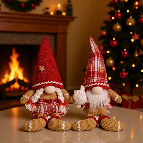 Gnome De Noël En Peluche Style Bonhomme Pain Épices Poupée Sans Visage Jambes Longues Tricot Fourrure Décoration Table