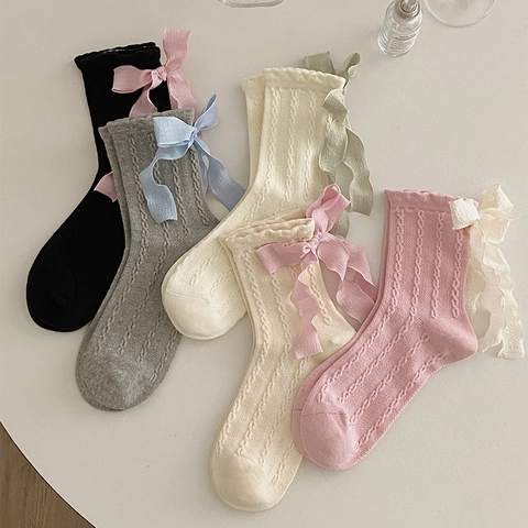 Women Mid Calf Socks Cotton Cable Knit Ribbon Bow Sweet Lolita Style Breathable Summer Fashion Hosiery