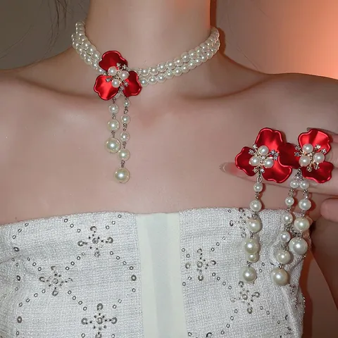 Vintage Double Layer Imitation Artificial Pearl Necklace And Tassel Earrings With Red Flower Rhinestone Silver Earring Post Women