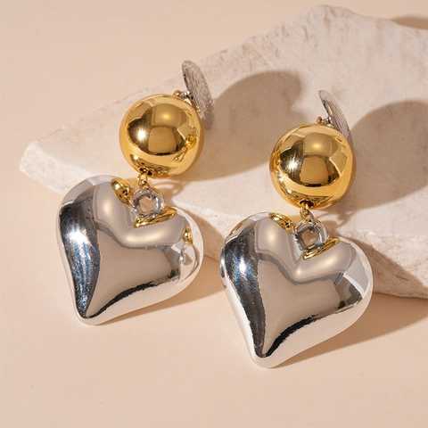 Boucles Oreilles Pendantes Cœur Exagérées Alliage Contraste Géométrique Or Argent Avec Tige Argent Sterling 925 Vintage