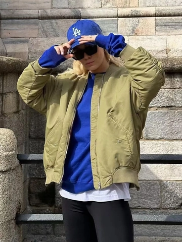 Women Plus Size Bomber Jacket Loose Fit Flight Moto Coat Zip Up Casual Streetwear Ribbed Trim Long Sleeve Outerwear