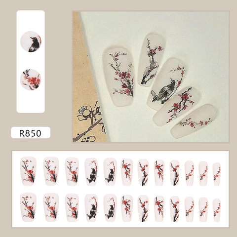 Matte Press On Nails Chinese Ink Wash Plum Blossom Birds Coffin Shape ABS Plastic Detachable False Nails For Women