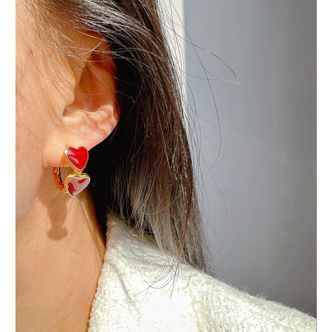 Pendientes de Botón de Doble Corazón de Latón Esmaltado Vintage para Mujer Poste de Plata de Ley 925 Chapado en Oro