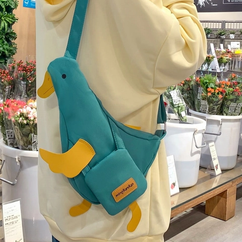Kawaii Duck Shape Canvas Waist Bag For Women Kids Cartoon Crossbody Chest Bag With Adjustable Strap Harajuku Ins Style