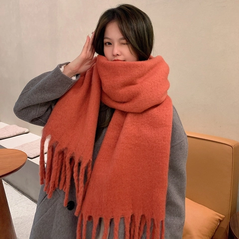 Solid Color Mohair Like Winter Scarf For Women Long Thickened Warm Soft Tassel Wrap Shawl Korean Style
