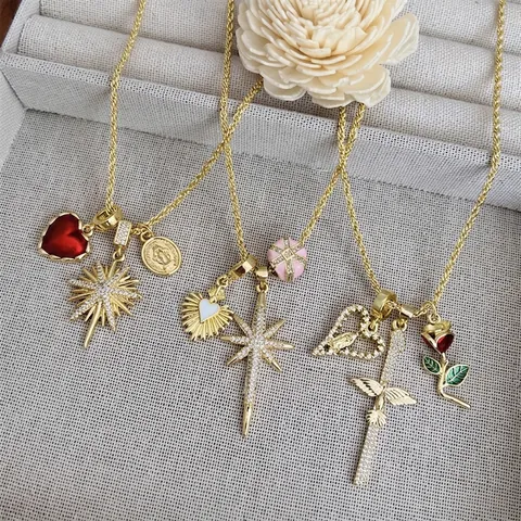 Collana Con Ciondoli Multipli Rame Placcato Oro 18K Zirconia Cuore Croce Rosa Catena A Corda Intrecciata Vintage Unisex