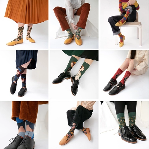 Artistic Vintage Abstract Portrait Pattern Crew Socks Cotton Blend Fashion Geometric Plaid Colorful Unisex Streetwear Socks