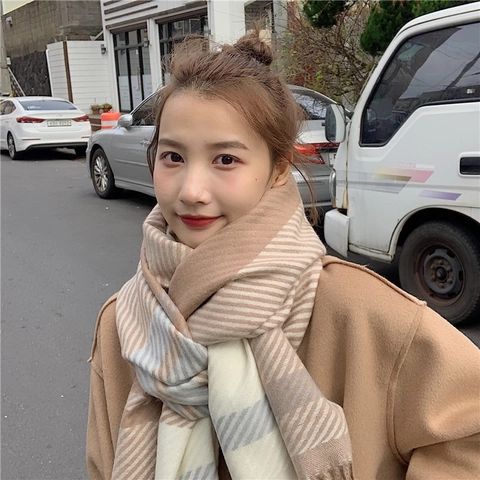 Women Winter Scarf Thick Warm Faux Cashmere Plaid Striped Soft Knit Shawl Wrap With Tassels