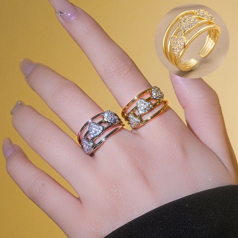 Bague Ajustable En Cuivre Avec Trois Coeurs Zirconium Plaqué Or 18K Multi Couches Bijoux Mode Femmes