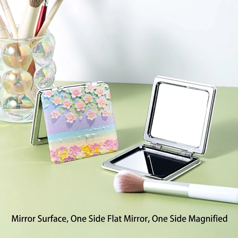 Compact Makeup Mirror Folding Portable Double Sided Magnifying PU Leather Embossed Oil Painting Relief Art Style