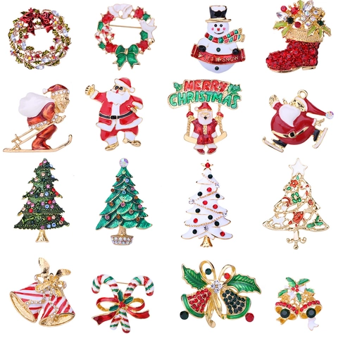 Christmas Brooches Alloy Enamel Pin Rhinestone Santa Claus Snowman Xmas Tree Bell Holiday Party Decoration Gift For Women Men