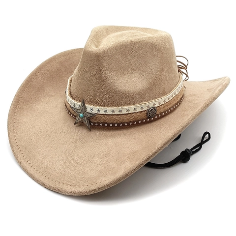 Retro Western Cowboyhut Wildlederimitat Breite Krempe Metallstern Türkis Besetztem Band Mit Verstellbarem Winddichtem Seil