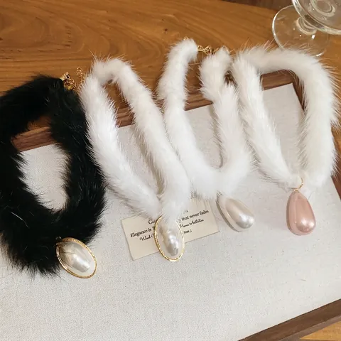 Collana Choker In Pelliccia Sintetica Con Pendente Di Perla Artificial Imitazione Elegante Girocollo In Peluche Per Donna