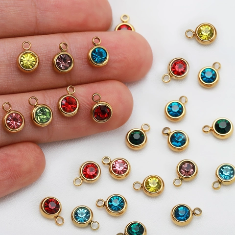 Round Birthstone Pendants Stainless Steel Colorful Rhinestone Charms For DIY Jewelry Making Crafts Accessory Style