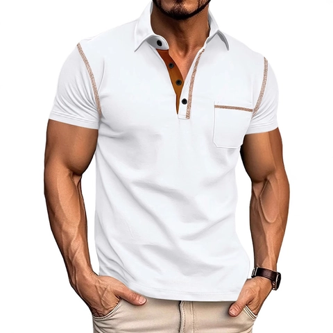 Polo Homme Manches Courtes Respirant Polyester Élasthanne Coutures Contrastées Col Revers Haut Décontracté Business Avec Poche