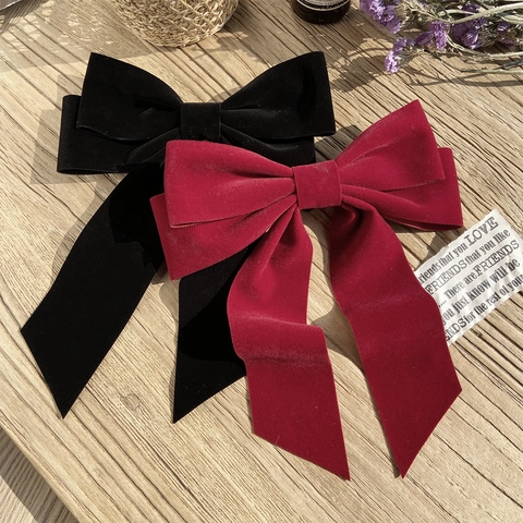 Pinza de Pelo de Lazo Grande de Terciopelo Vintage Con Cintas Largas Estilo Francés Elegante Negro Burdeos Accesorio Para Mujer