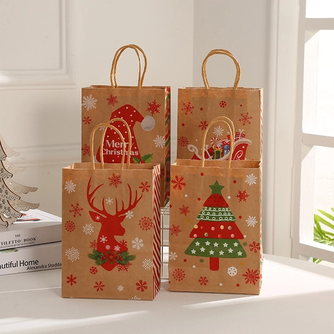 Sacs Cadeaux De Noël En Papier Kraft Avec Poignées Imprimés Renne Flocon De Neige Sac Shopping Fête De Vacances