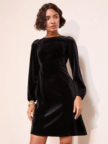 Elegant Velvet Mini Dress Backless Long Sleeve Round Neck Large Bow Decoration For Women Solid Color Commute Style