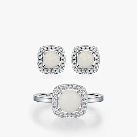 925 Sterling Silver Round White Opal Zircon Square Halo Ring And Stud Earrings Elegant French Style For Women