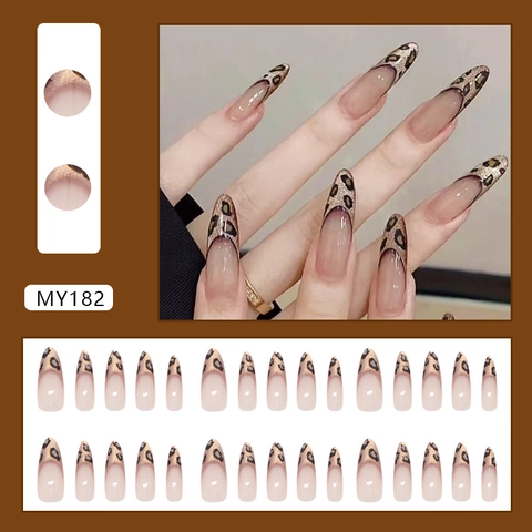 Uñas Postizas A Presión Almendra Largas Diseño Leopardo Francés Brillo Champán Plástico ABS