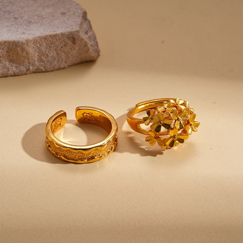 Blumen Cluster Offener Ring Kupfer 24K Vergoldet Verstellbar Geometrisch Retro Stil Schmuck Für Frauen Elegantes Accessoire