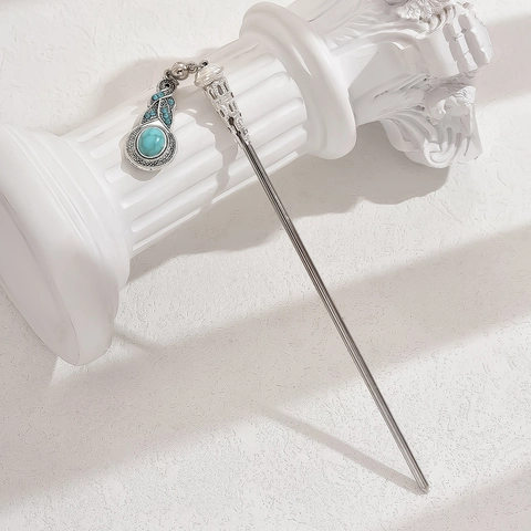 Vintage Hair Stick Metal Chignon Pin With Turquoise Teardrop Pendant Retro Ethnic Style Headpiece For Women