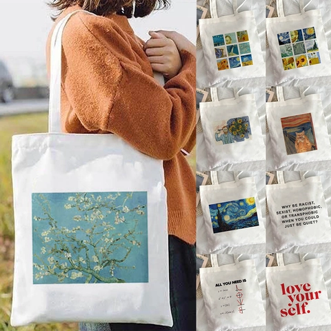 Art Oil Painting Style Canvas Tote Bag Aesthetic Print Literary Reusable Eco Friendly Shopping Handbag For Women Student