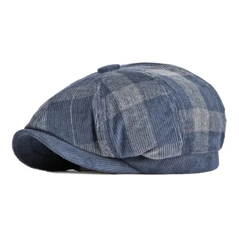 Newsboy Cap Plaid Cotton Corduroy Retro British Style Octagonal Hat For Men Women Autumn Winter Warm Accessory