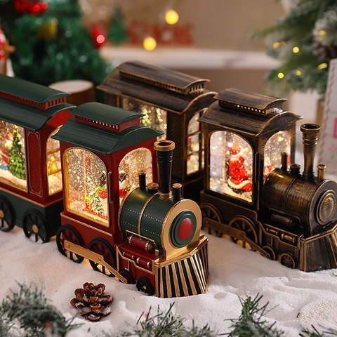 Train Boule De Neige Noël Boîte Musique Lumineuse LED Père Noël Bonhomme Neige Eau Pailletée Décoration Fête