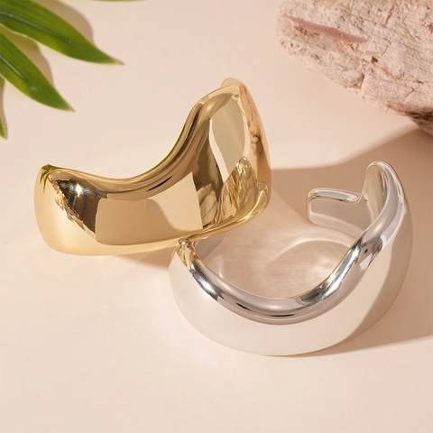 Irregular Geometric Cuff Bracelet Metal Chunky Wide Open Bangle Mirror Polished Minimalist Modern Fashion Jewelry For Women