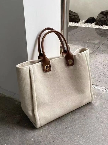 Große Canvas Tote Bag Minimalistische Handtasche Mit Ledergriffen Und Kettenriemen Für Damen Arbeit Pendeln Alltag
