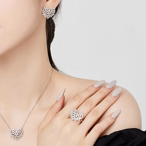 925 Sterlingsilber Herz Schmuck Halskette Ohrringe Ring Für Damen Elegant Zirkonia Eingelegt Hochzeit Accessoire Schmuck