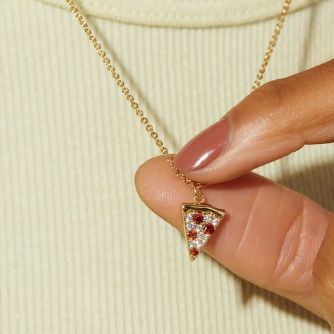 Collar Colgante Rebanada De Pizza Cobre Chapado En Oro Zircón Rojo Claro Incrustado Brillante Cadena De Clavícula Joyería Moda Nicho Mujeres