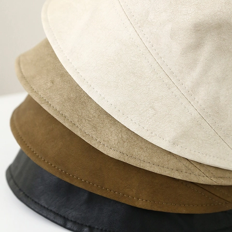 Women Vintage Bucket Hat PU Leather Faux Suede Japanese Retro Solid Color Warm Windproof Adjustable Fisherman Cap