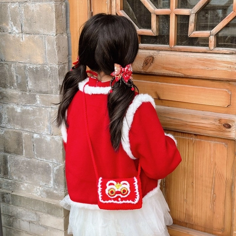 Mini Borsa a Tracolla all'Uncinetto con Danza del Leone per Bambini Borsa a Spalla Festiva in Maglia con Bottone di Perla Artificial