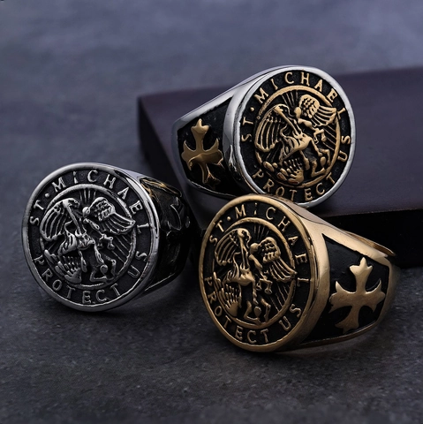 Erzengel St. Michael Siegelring Edelstahl Religiöser Retro-Kreuzschmuck Für Herren