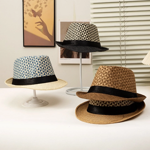 Zomer Geweven Fedora Hoed Stro Zonbescherming Strand Jazz Cap Met Geometrisch Patroon En Lint