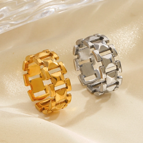Stainless Steel Chain Link Open Ring Minimalist Adjustable 18K Gold Plated Geometric Fashion Jewelry For Women