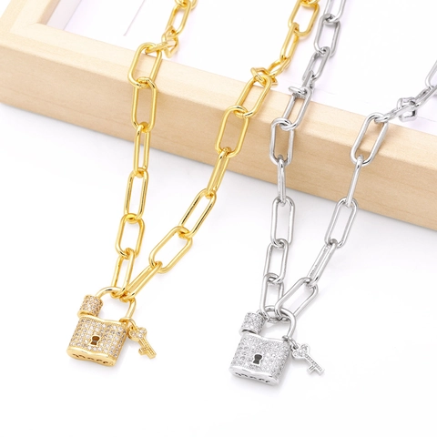 Paperclip Chain Necklace With Zircon Lock And Key Pendant Copper Gold Plated Trendy Jewelry For Women