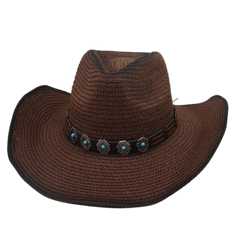 Gradient Western Cowboy Straw Hat Sun Protection Beach Outdoor Boho Turquoise Metal Decor Men Women