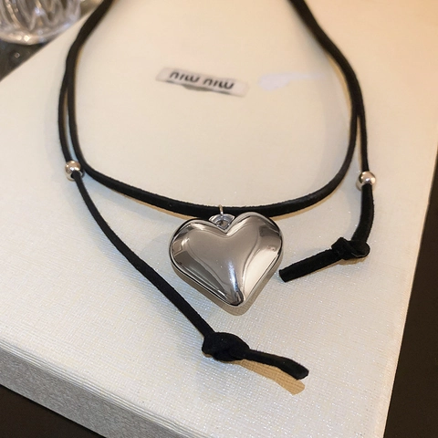 Heart Pendant Necklace Silver Mirror Polish Alloy Adjustable Black Leather Cord Choker Hip Hop Y2K Jewelry For Women