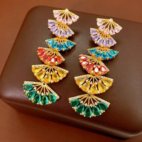 Vintage Bunte Zirkon Fächerförmige Hängeohrringe Mit Silbernem Ohrstecker Kupferbasis Boho Stil Für Damen