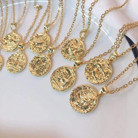Titanium Steel 18K Gold Plated Zodiac Coin Necklace Retro Embossed Twelve Constellations Copper Pendant Necklace Jewelry Gift