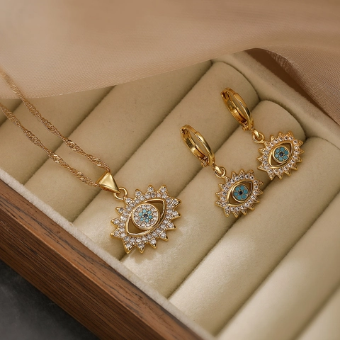 Evil Eye Schmuck Für Damen 18K Vergoldetes Kupfer Halskette Und Ohrringe Blauer Zirkon Türkisches Auge Retro