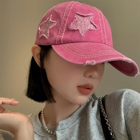 Cappello Da Baseball In Denim Lavato Vintage Patch Stella Con Paillettes Bordo Spezzato Tesa Larga Streetwear Retro Cappello Da Sole