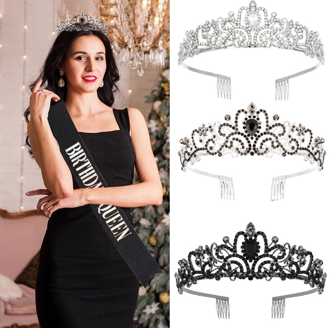 Vintage Baroque Alloy Rhinestone Black Crown Tiara Elegant Crystal Bridal Headwear For Halloween Party Wedding Jewelry