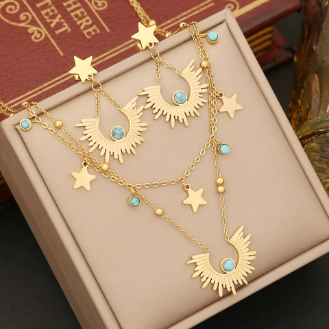 Collana A Strati Acciaio Inossidabile 304 Stella Luna Ciondolo Sole Perline Turchesi Gioielli Boho Donna