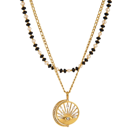 Doppellagige Edelstahl Halskette Damen Vintage Böses Auge Sonne Anhänger Imitationsperle Künstliche Perlen Böhmischer Schmuck